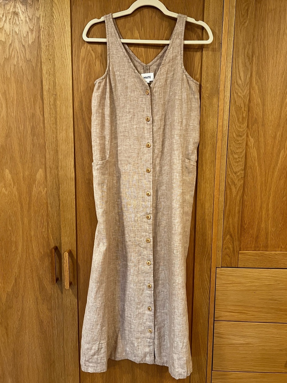 Mate the Label Organic Linen Midi Dress Button Front Natural Beige Size XS Beach